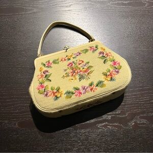 Vintage Green Floral Needlepoint Top-Handle Clutch